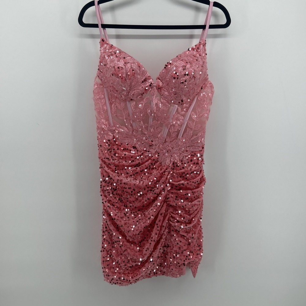 NWT Glitz & Glam Pink Sheer Corset Lace Sequin Homecoming Dress Size 10